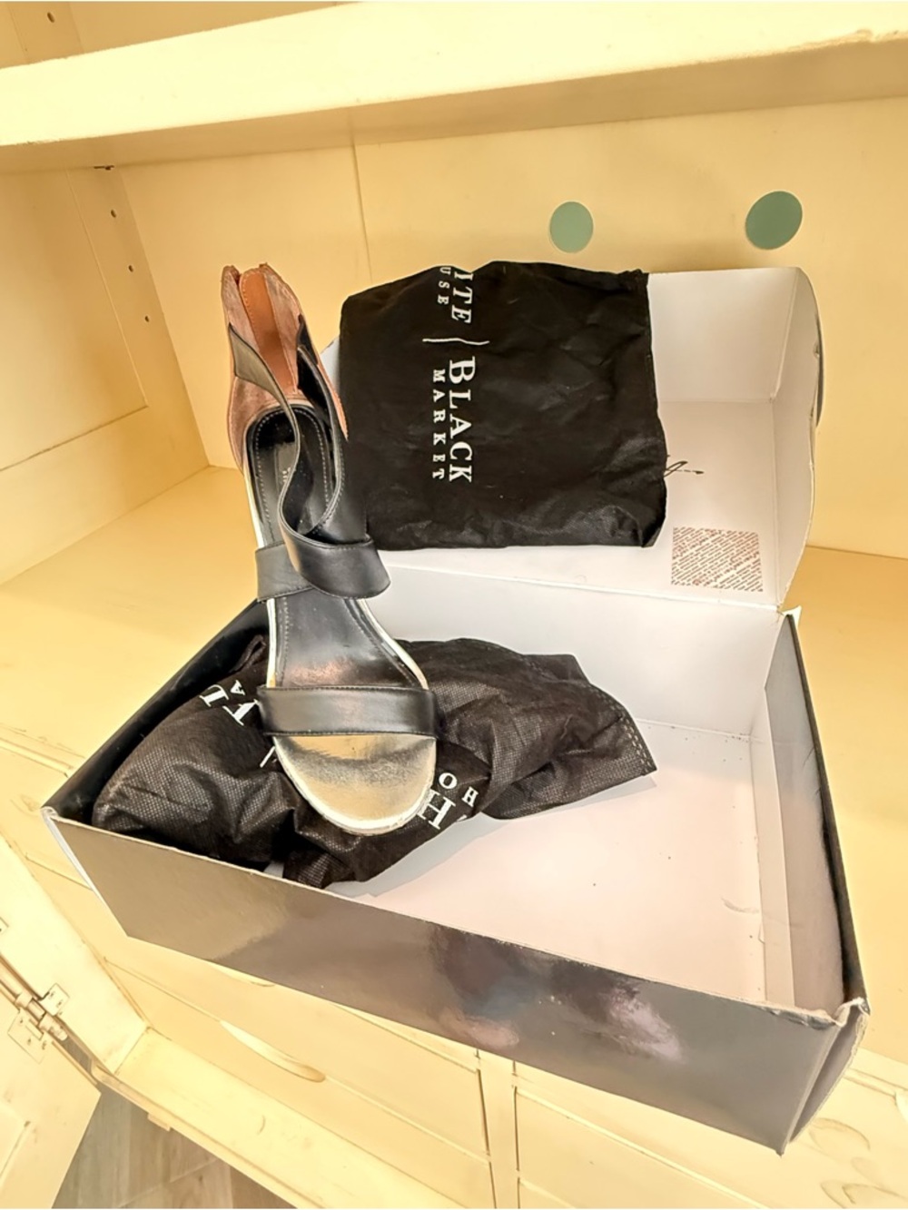 WHBM black and brown Leather Strappy Heels excellent condition